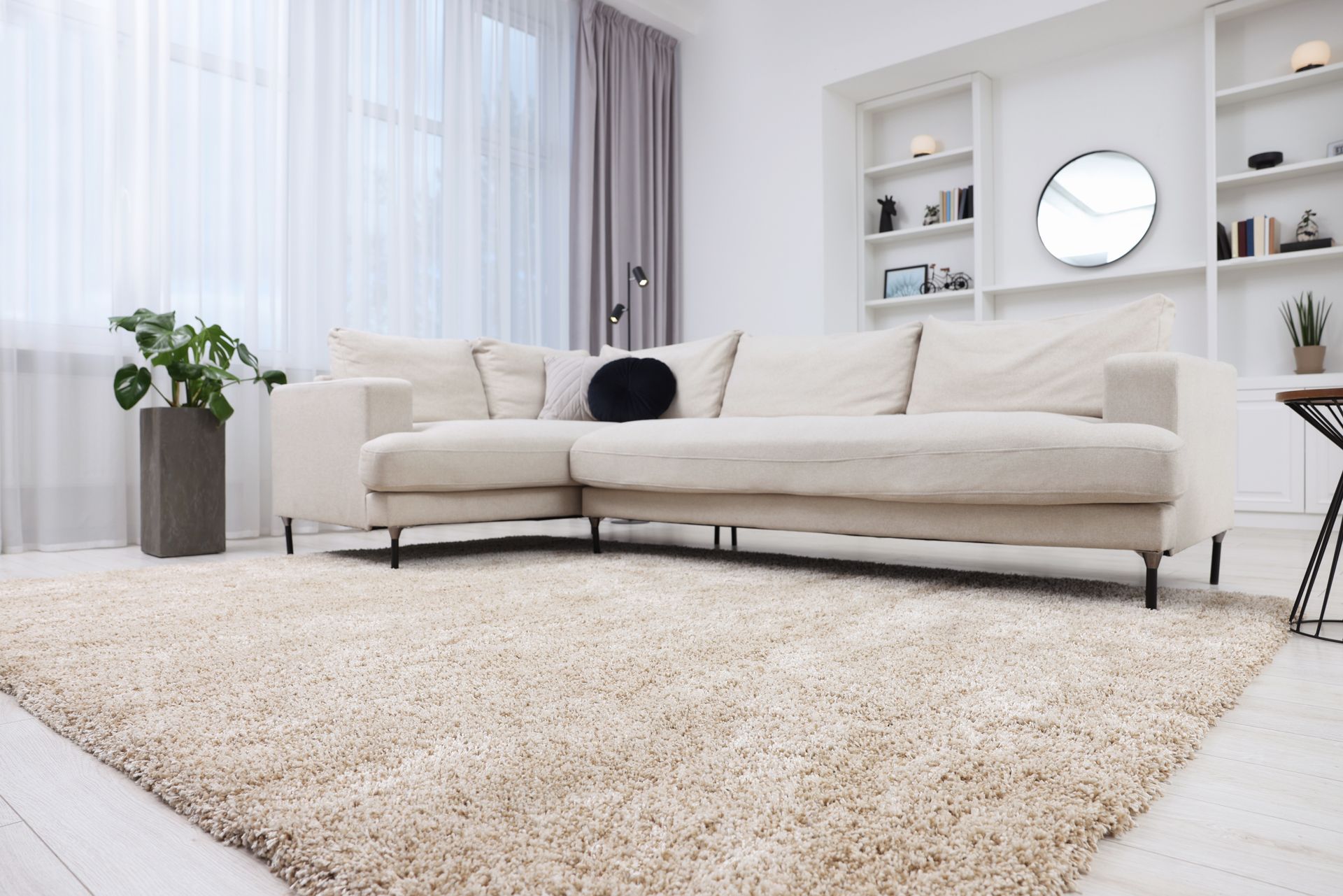 A Living Room With a White Couch and a Carpet