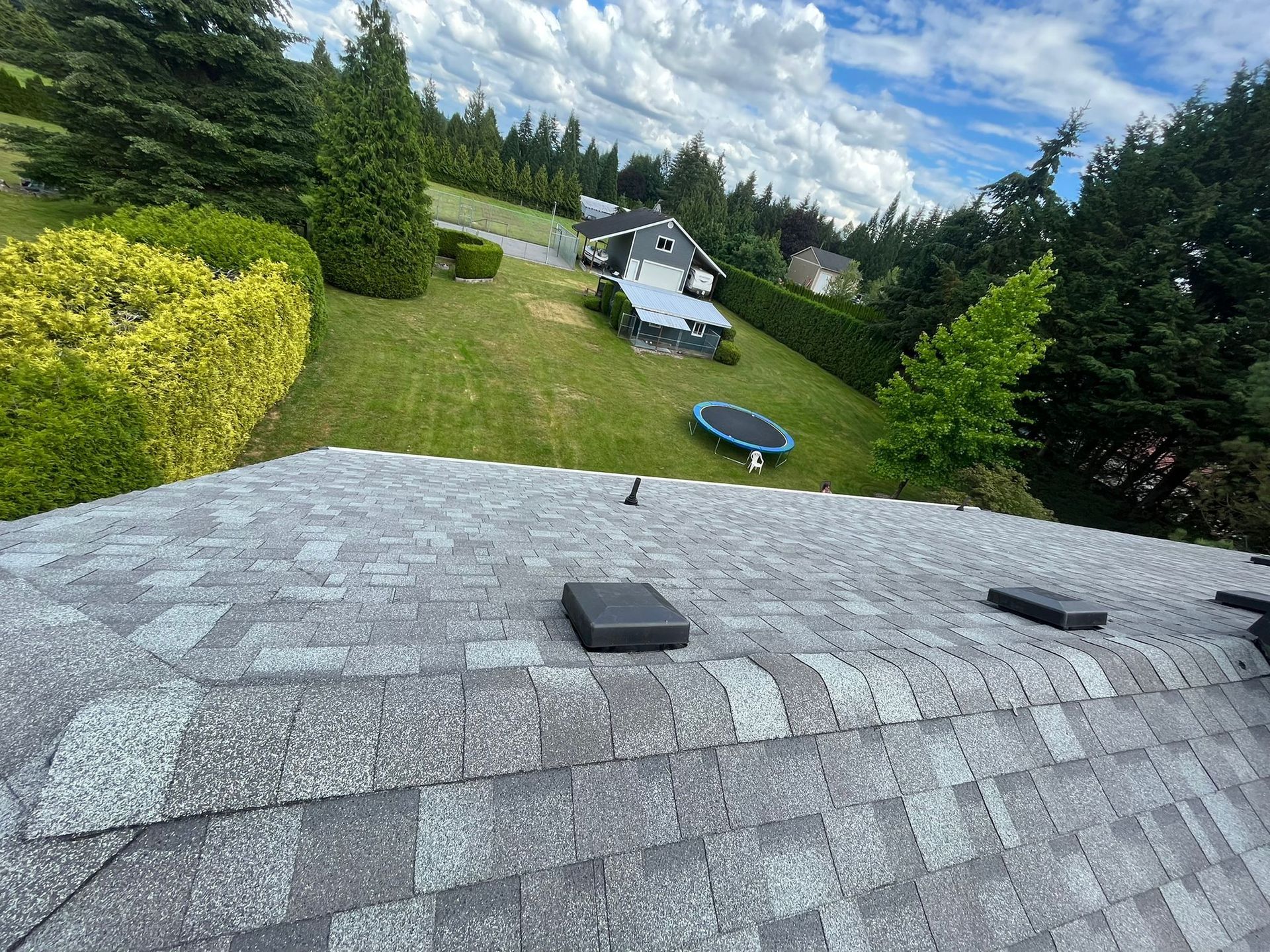 A high-angle view looking down from a shingled roof onto a backyard with a lawn, a small shed, and a circular trampoline.
