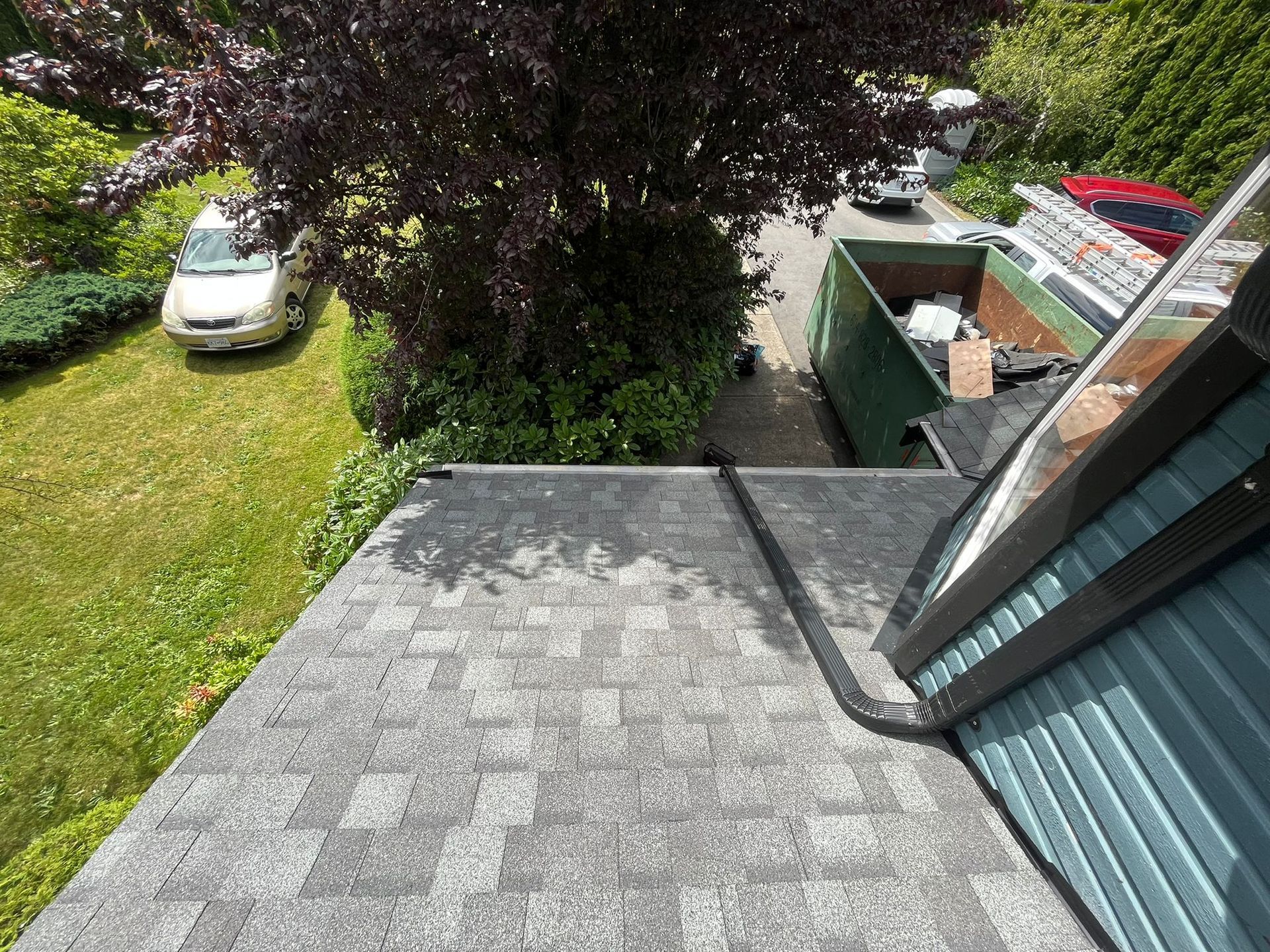 A high-angle view of a gray asphalt shingle roof, a section of blue siding, and a dumpster parked in a driveway below.