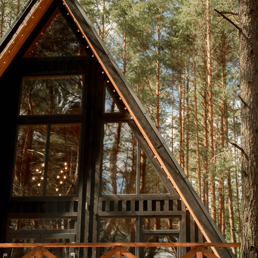 A black A-frame cabin with large glass windows sits in a sunny, dense pine forest.