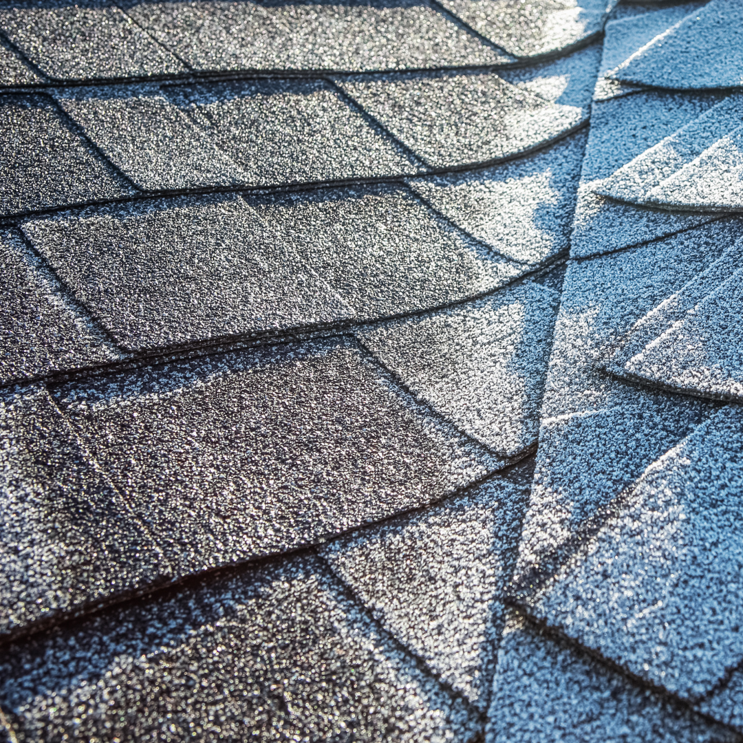 A close-up view of dark grey asphalt roof shingles with light frost or dew highlighting their texture.