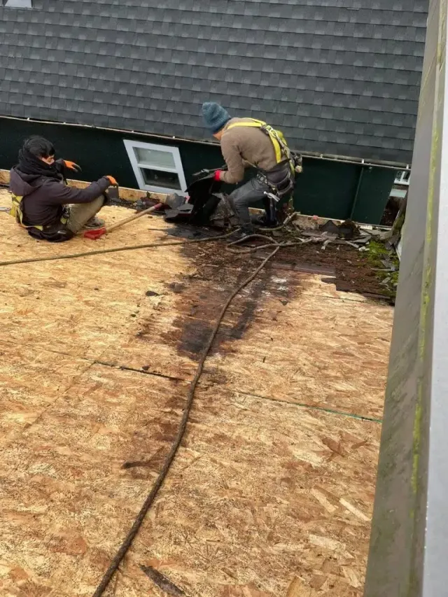 Paragon crew working on exposed roof decking on Triumph Street in Vancouver