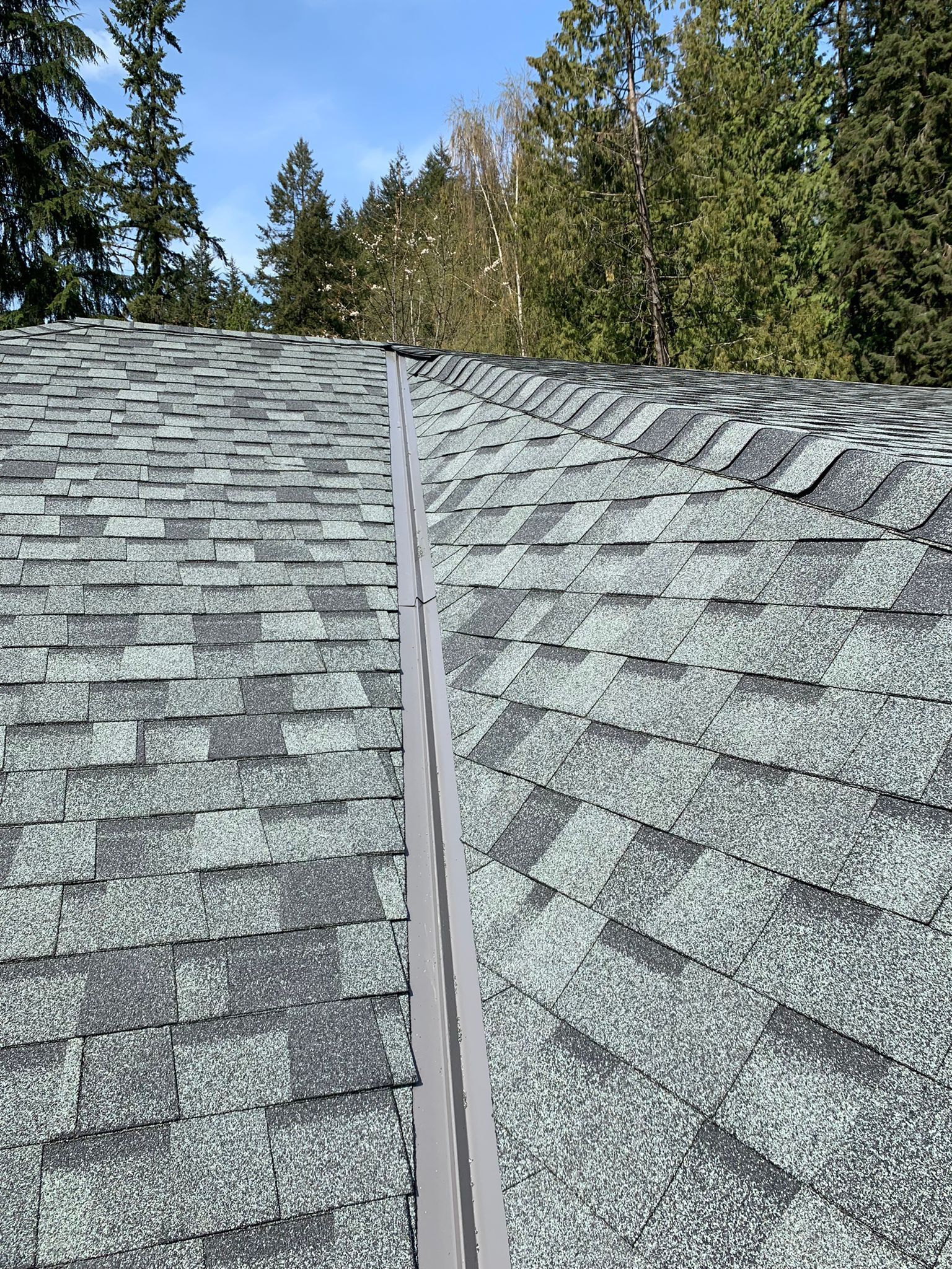 A close up of a roof with a gutter and trees in the background.