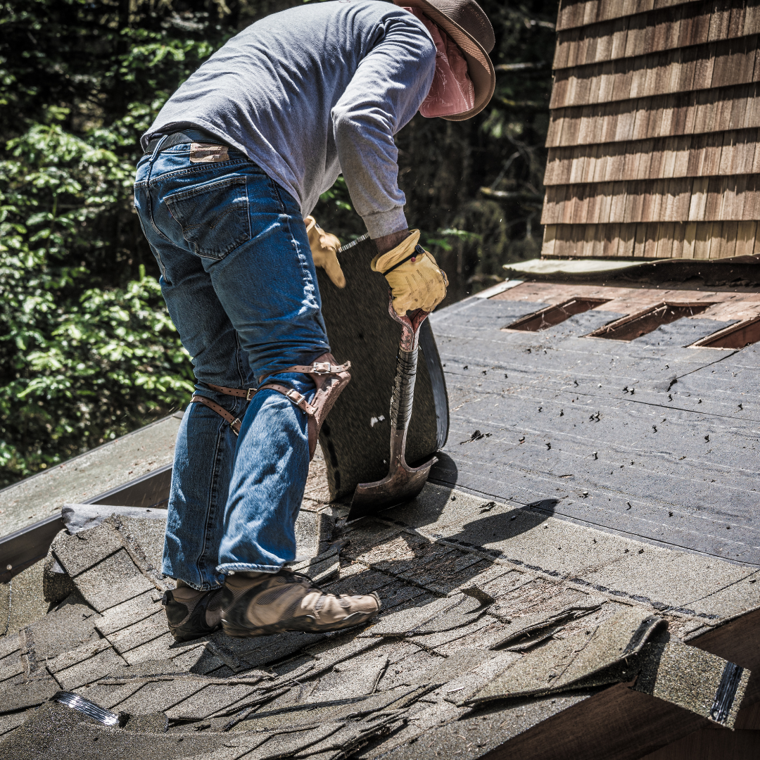 A person wearing protective gear and gloves uses a shovel to remove old shingles from a sloping roof.