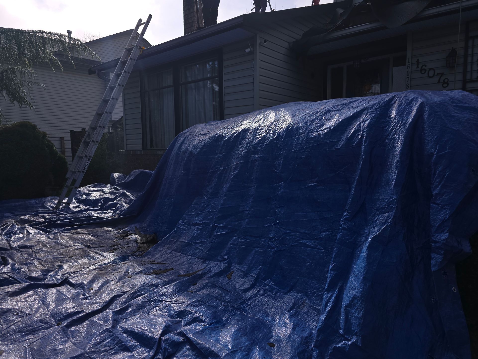 A blue tarp is covering the roof of a house in north vancouver
