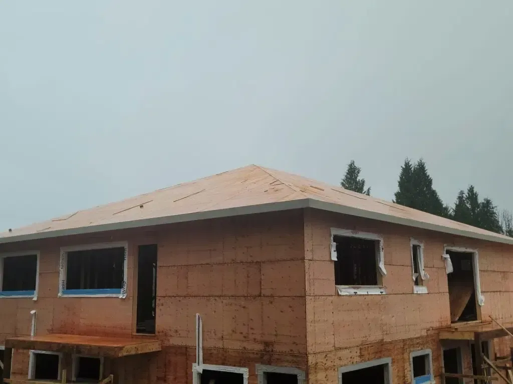 A partially constructed house exterior with light brown siding, framed window openings, and a finished roof under a gray sky.