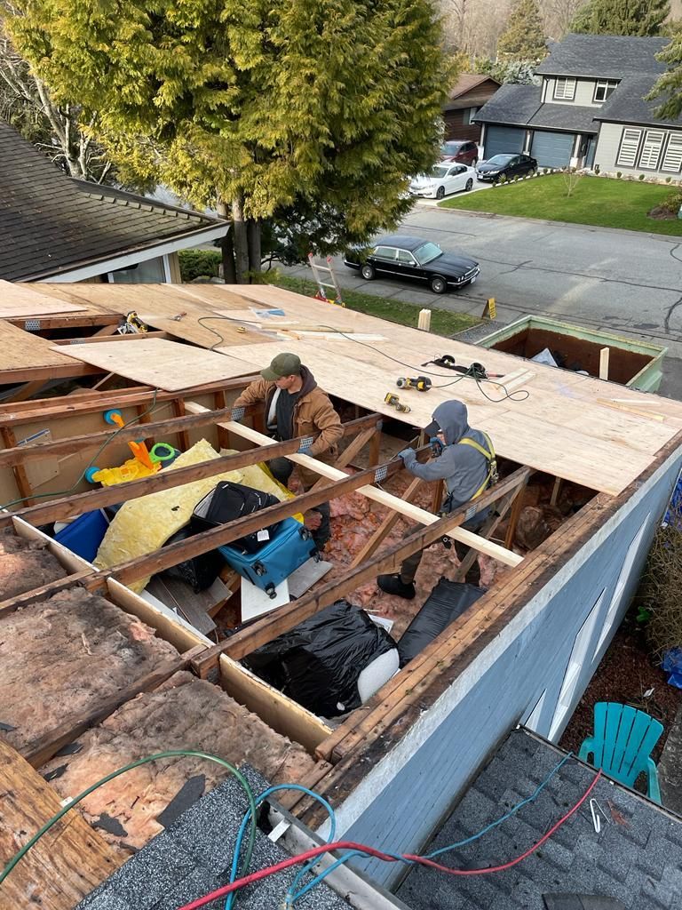 Two workers install plywood sheathing on a roof undergoing renovations, with exposed rafters visible below.