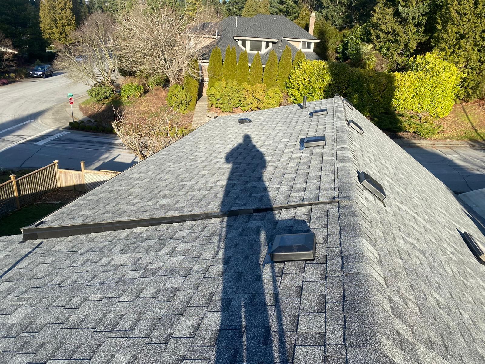 A long shadow of a person standing on a gray shingled roof, with trees and a house in the background.