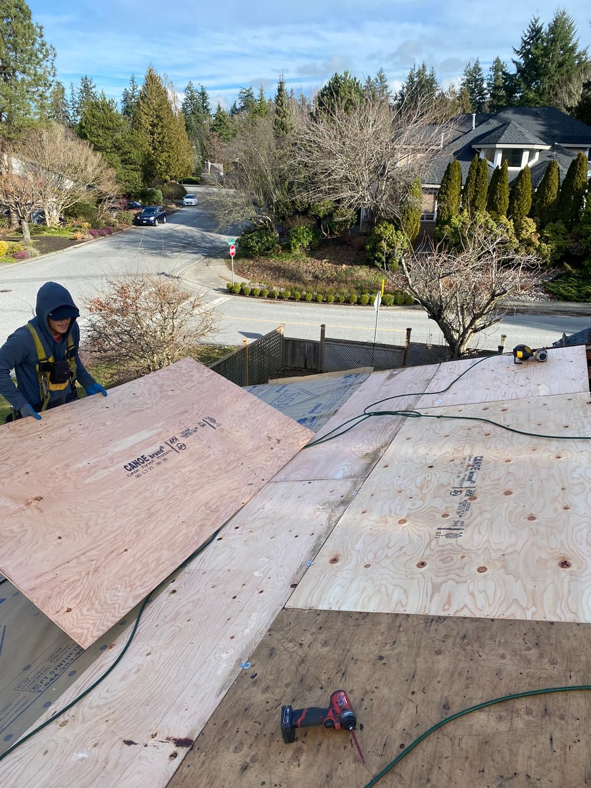 A worker in a blue hoodie and safety harness installs a large plywood sheet on a residential roof.