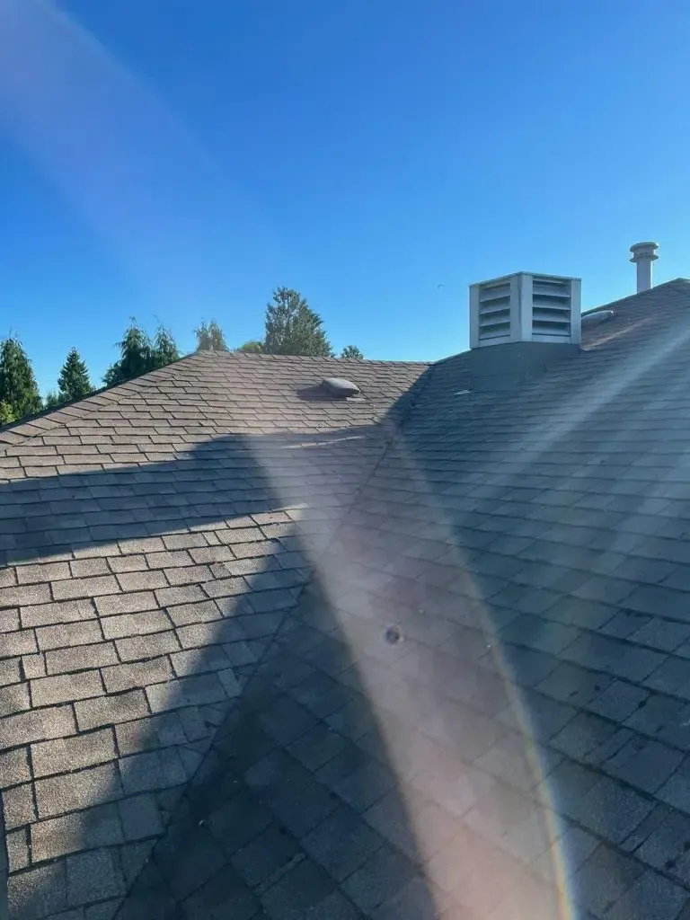 A view of an asphalt shingle roof under a bright blue sky, showing a vent, a skylight, and a chimney.