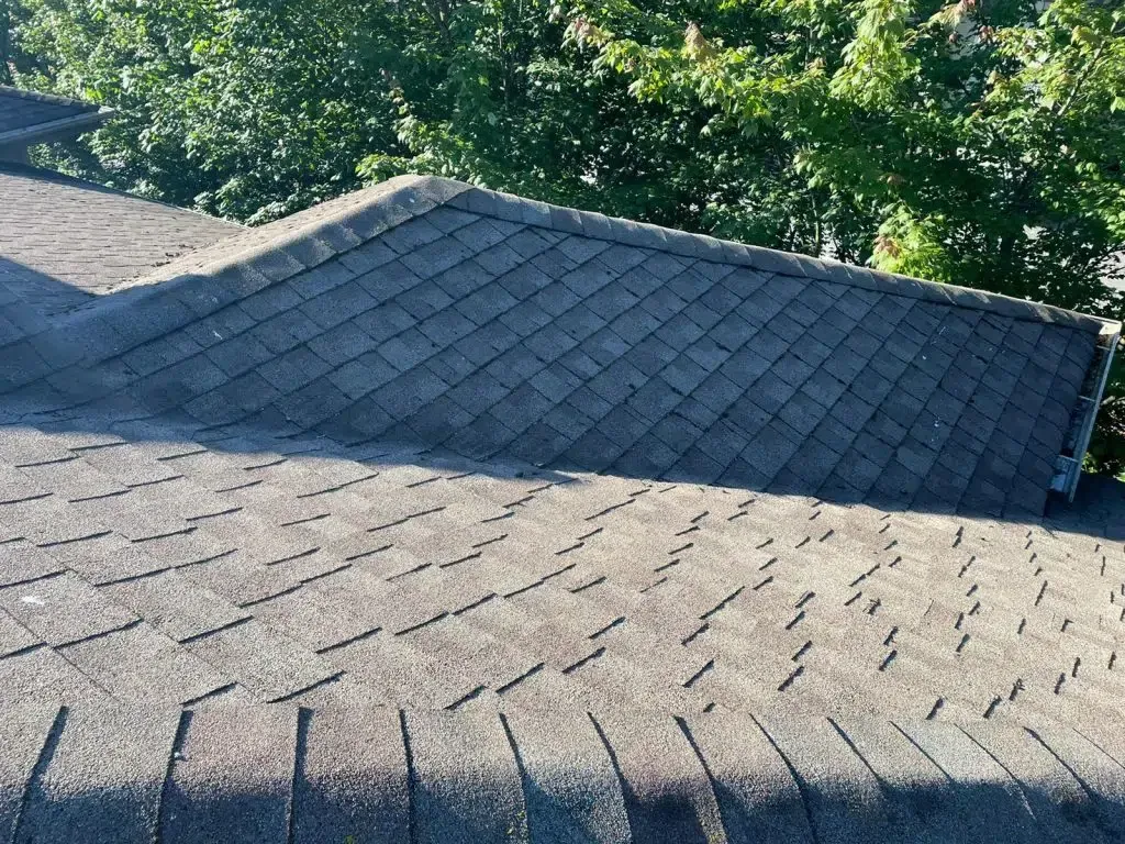 A high-angle view of gray asphalt roof shingles with a sloped ridge cap, set against a background of green trees.