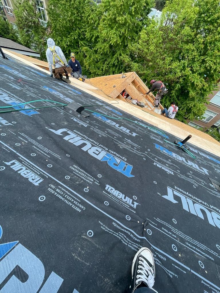 A person is standing on top of a roof.