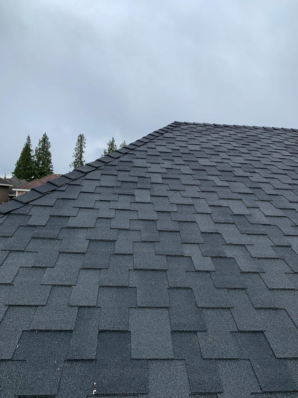 A view of a grey architectural asphalt shingle roof against a cloudy sky, showing the texture and pattern of the shingles.