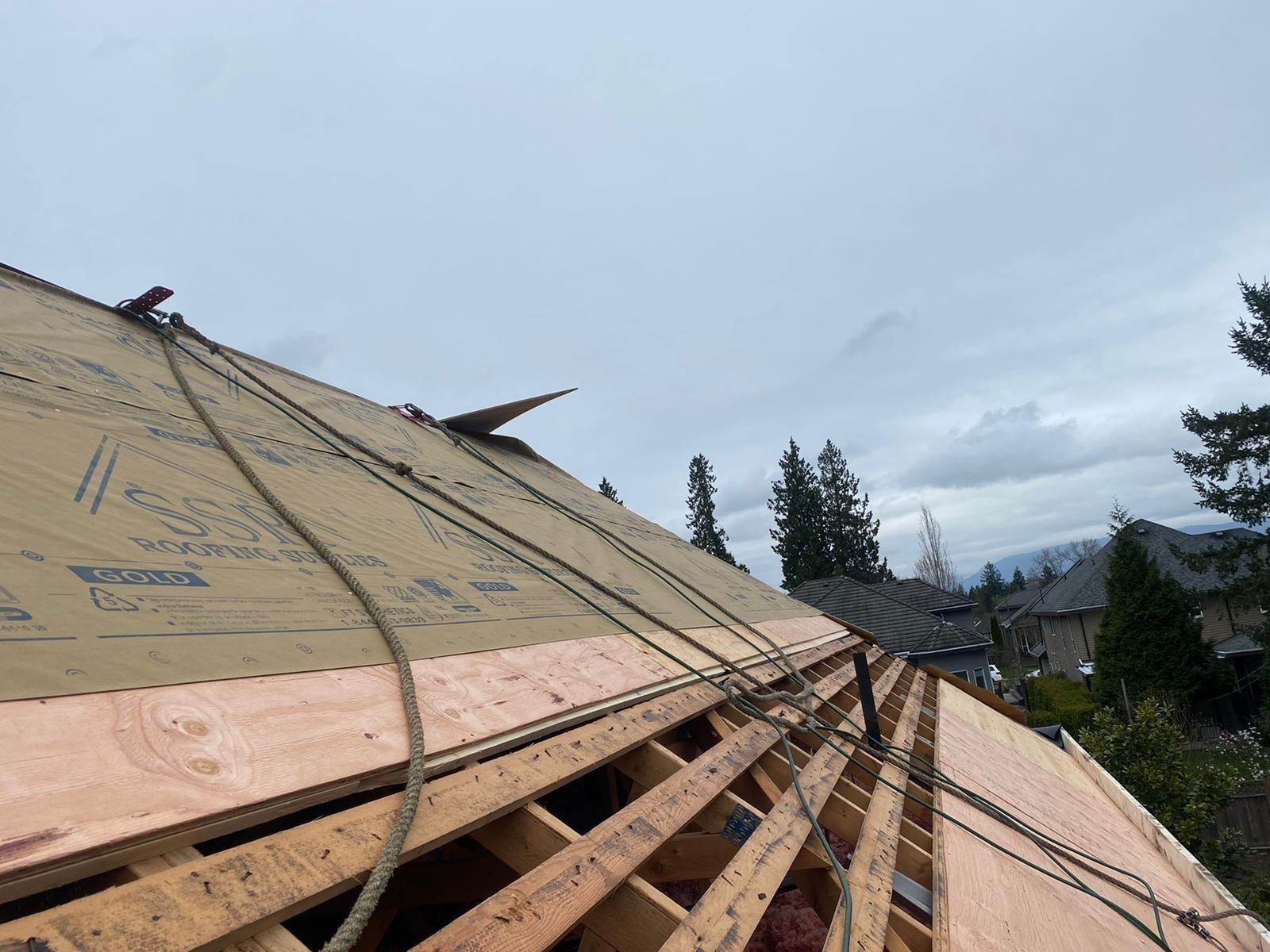 A view of a roof under construction with wooden framing, plywood sheathing, and safety ropes secured across the surface.