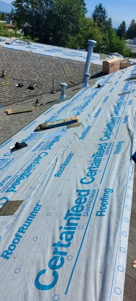 Roof underlayment being installed on a sloped residential roof with visible plumbing vents and surrounding trees.