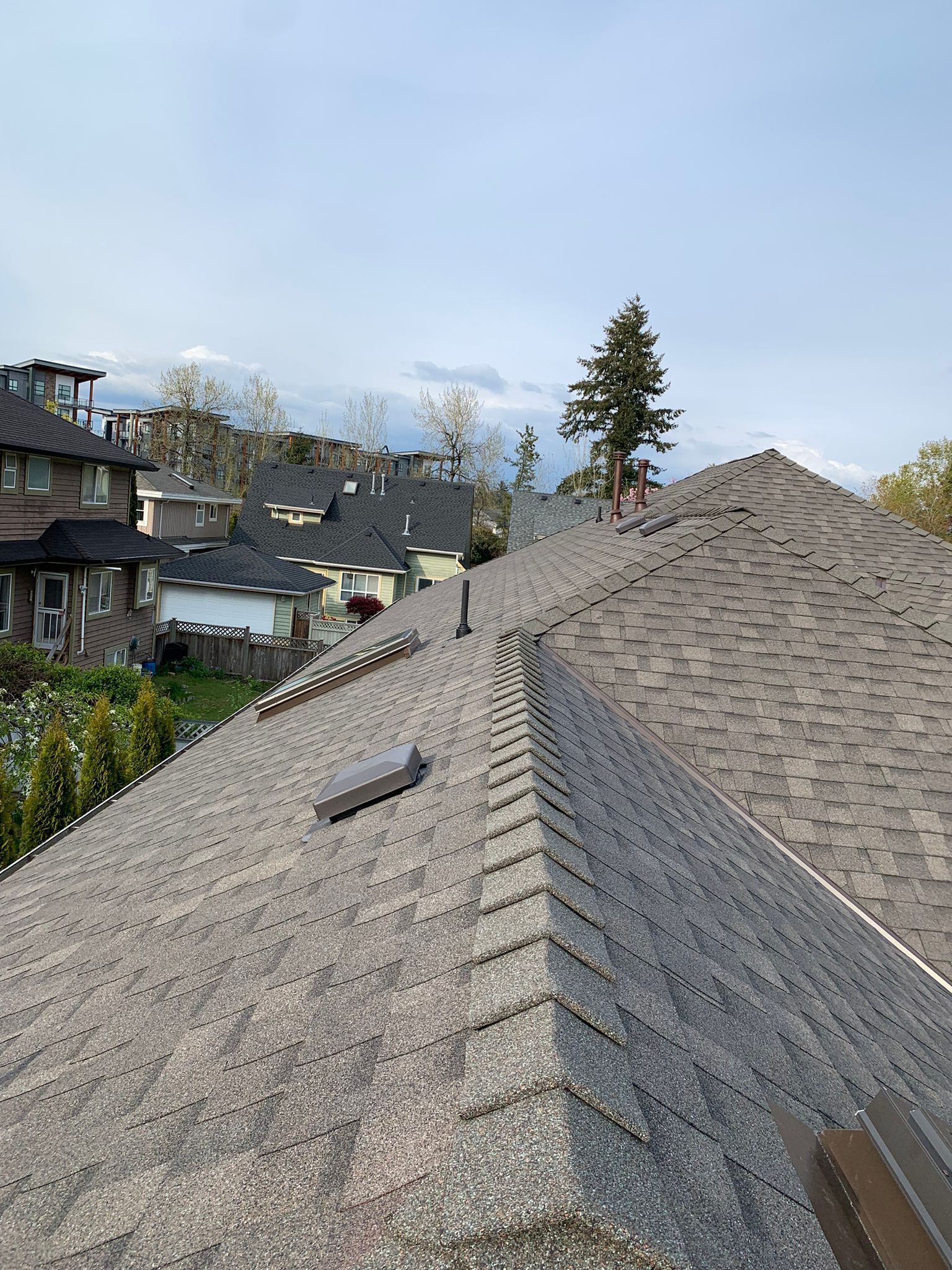 View from a shingled rooftop over a suburban neighborhood under a cloudy sky