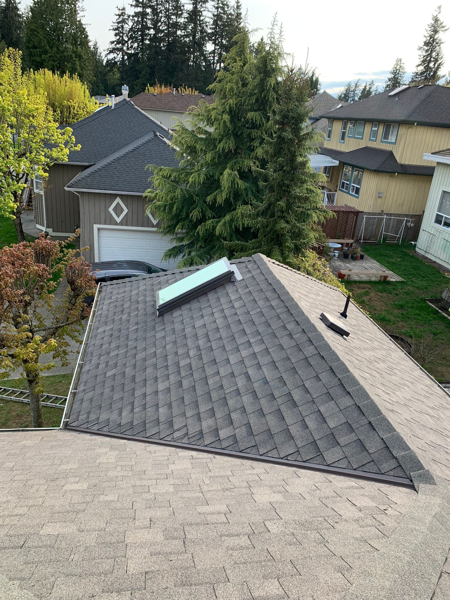 Rooftop view of a small gray shingled structure with a skylight, surrounded by trees and neighboring houses.