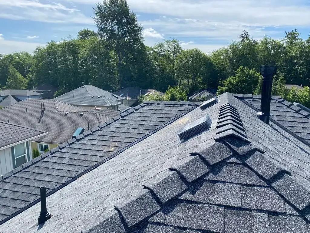 A high-angle view of a grey shingled residential roof with vents and a chimney against a background of green trees.