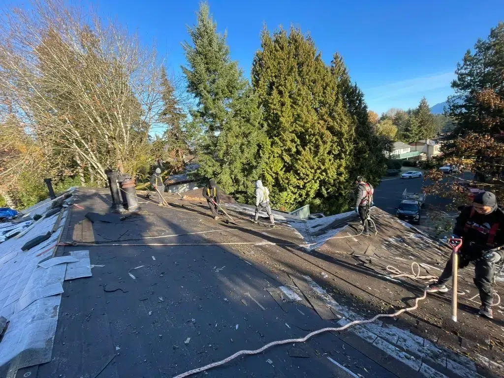 A group of people are working on the roof of a house.