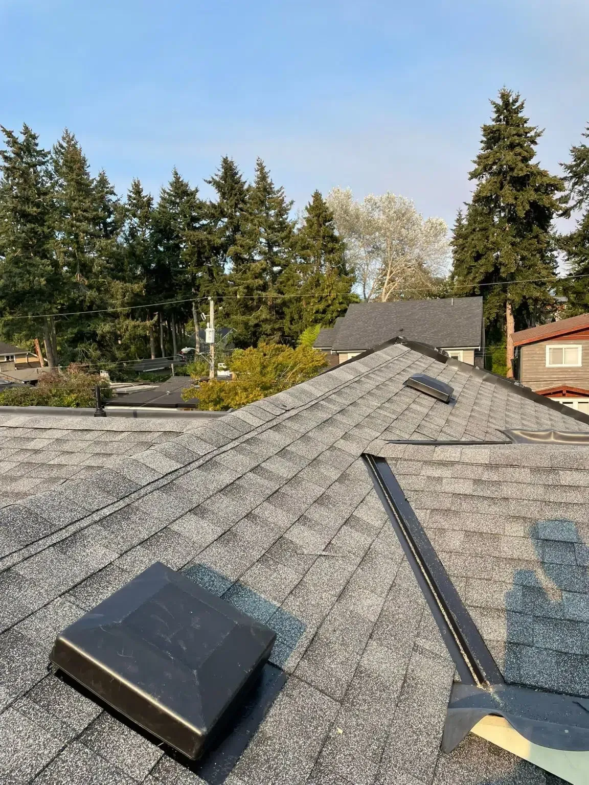 A roof with a skylight on it and trees in the background.