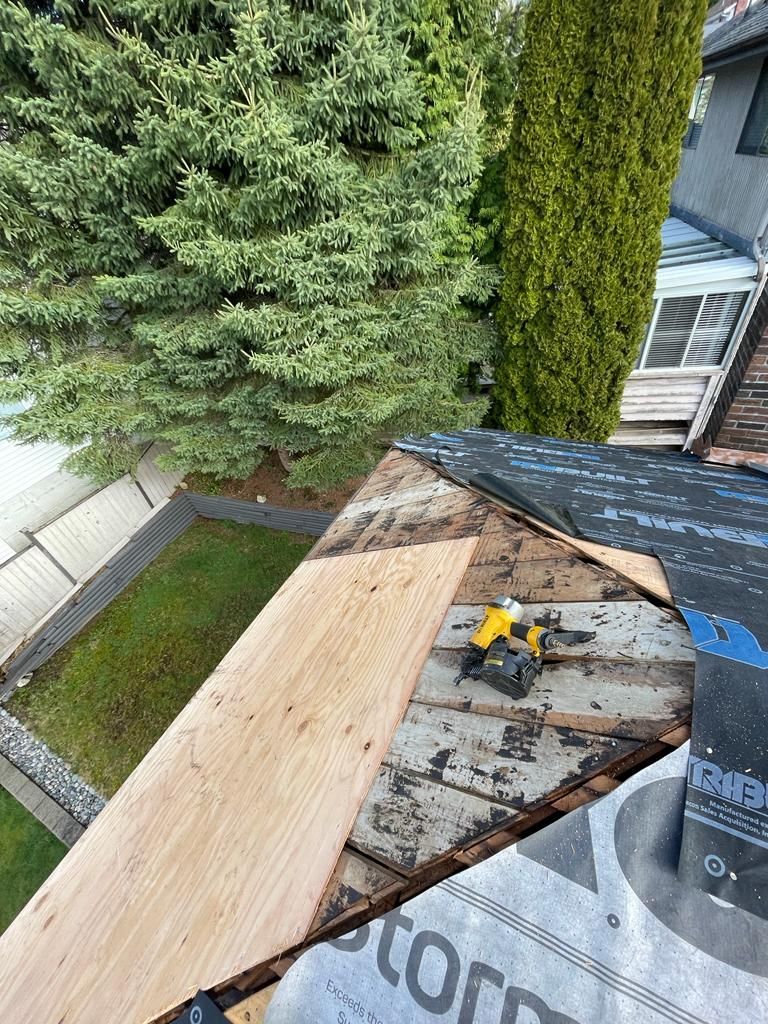 A wooden plank is being installed on a partially repaired residential roof, with a nail gun sitting on the plywood deck.