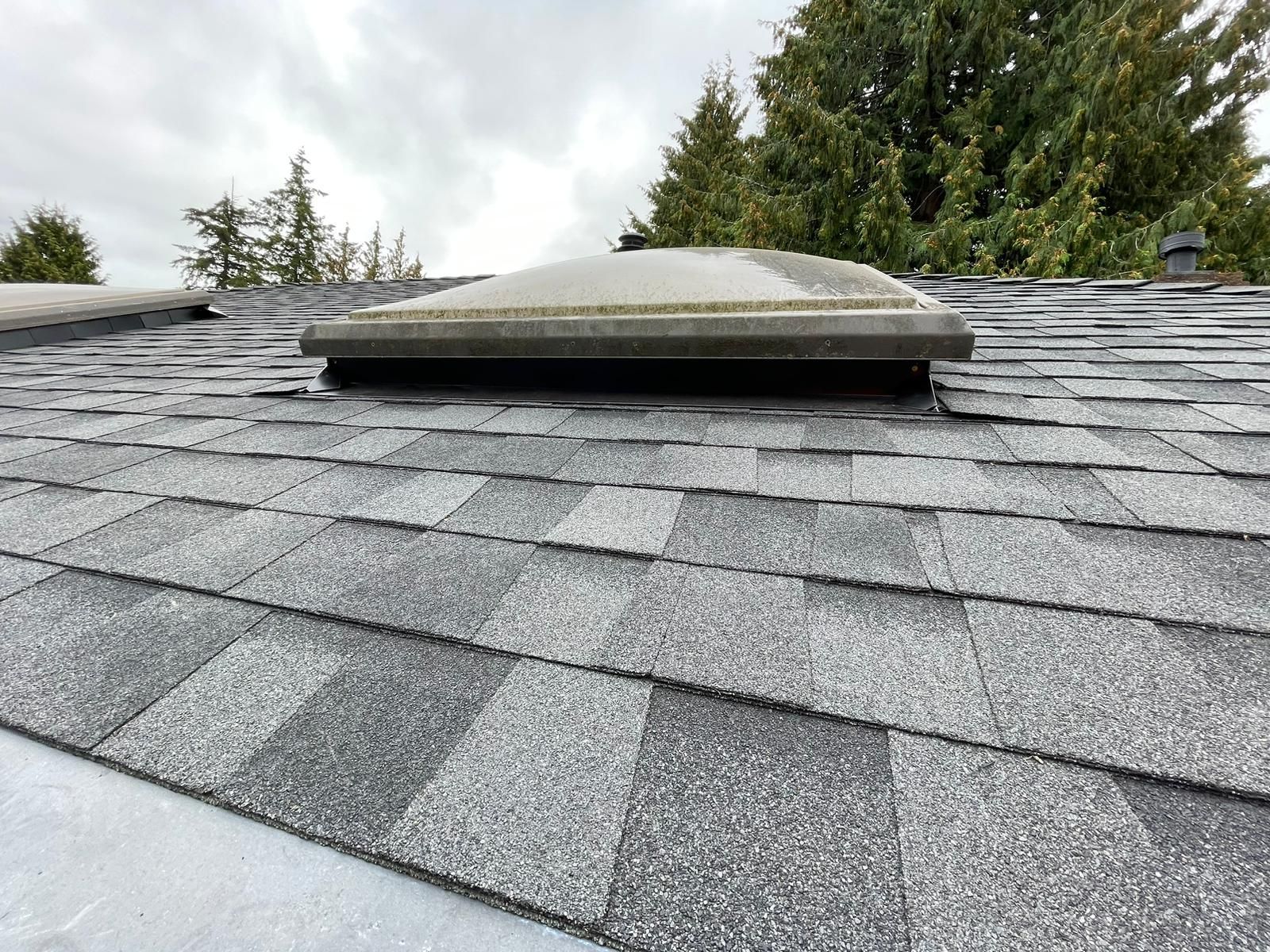 There is a skylight on the roof of a house.