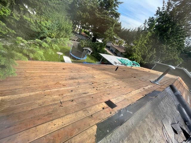 Exposed wood roof decking and a vent pipe during the Monarch Street project in Burnaby