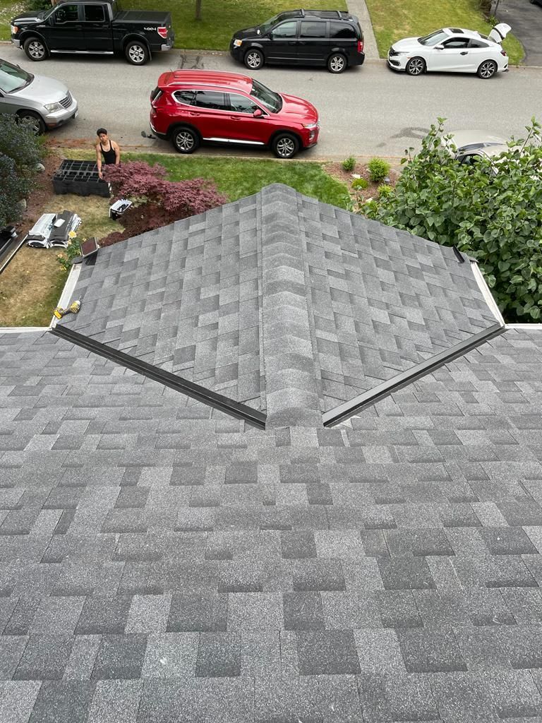 A view from a shingled roof looking down at a street with several parked cars and a person in a yard.
