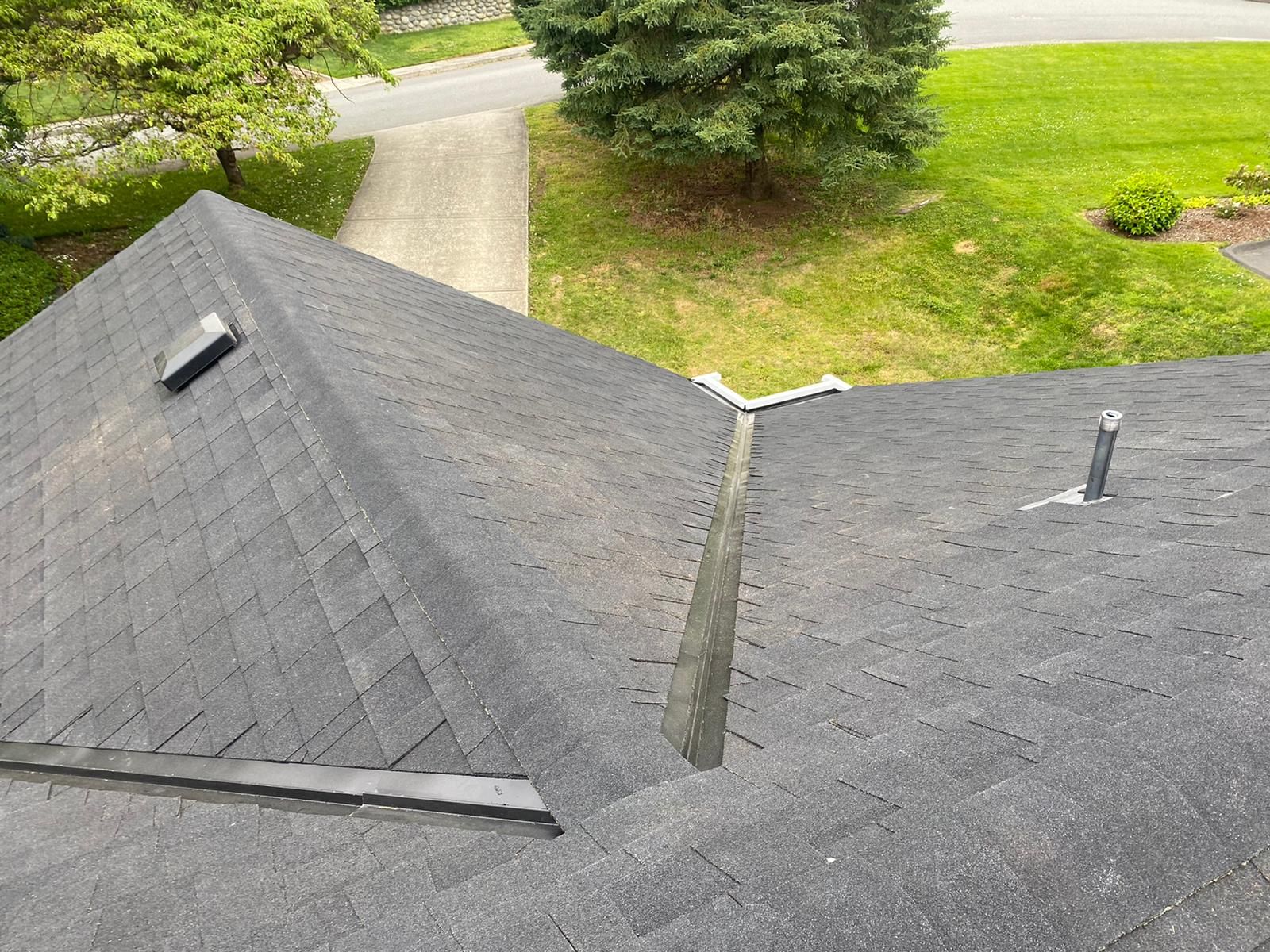 High-angle view of a dark shingled roof featuring a central valley, a vent, a plumbing stack, and surrounding landscaping.