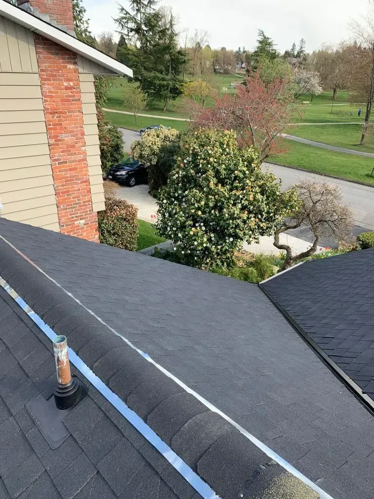 View from a shingled roof overlooking a brick chimney, nearby trees, a driveway, and a residential neighborhood.
