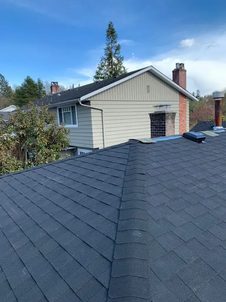 A view from a dark shingled roof looking toward a beige house exterior with a brick chimney under a blue sky.