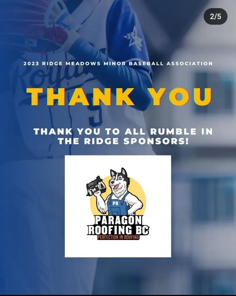A 2023 Ridge Meadows Minor Baseball thank you graphic for Rumble in the Ridge sponsors featuring the Paragon Roofing logo.