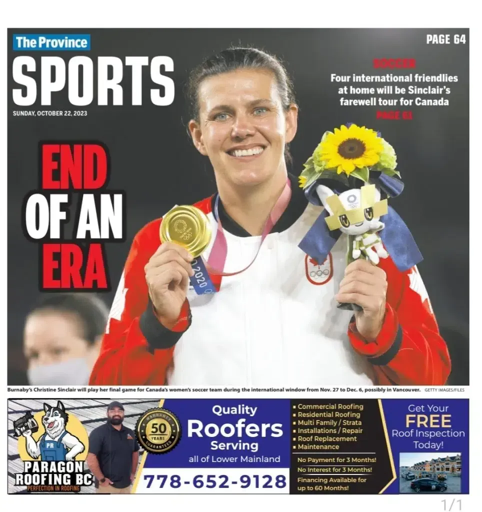 The Province sports page featuring Christine Sinclair holding an Olympic gold medal, with the headline 