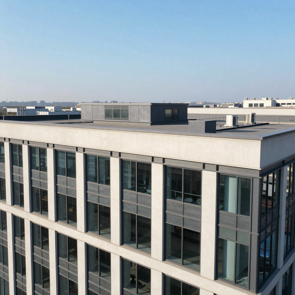 Modern office building rooftop under a clear blue sky