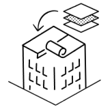 Line drawing of a building rooftop being covered by a multi-layered material, represented by an arrow and stacked sheets.