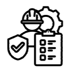 Outline icon of a worker in a hard hat, a checklist, and a shield with a checkmark, representing industrial safety.