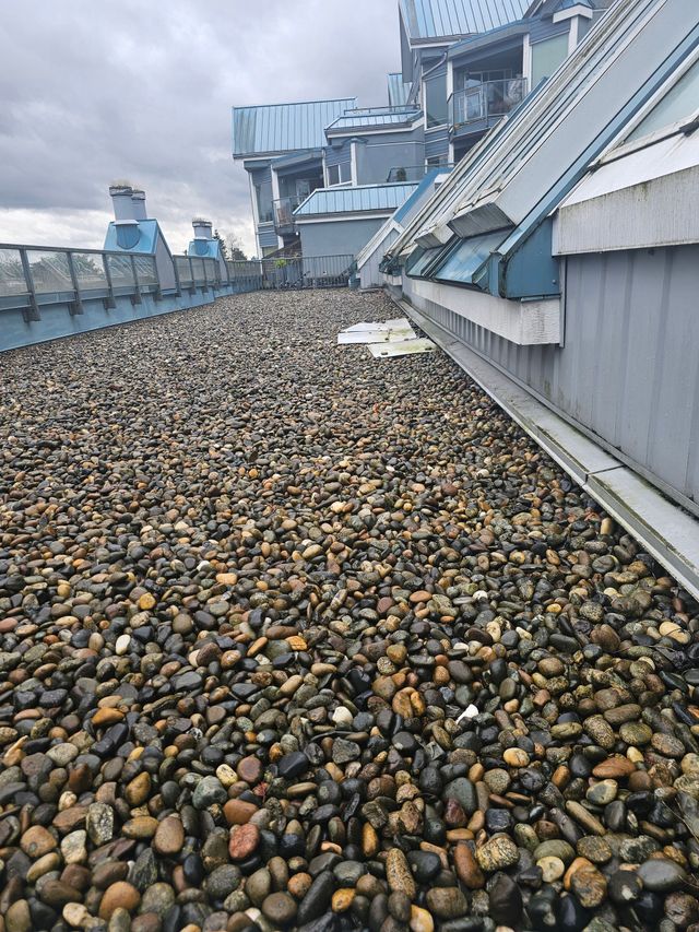 Gravel surfaced roof beside glazed roof sections and metal edged walls