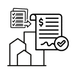 A checklist icon points to a signed financial document with a dollar sign and a checkmark, positioned over building icons.