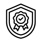A black line icon of a shield containing a circular badge with a checkmark and two hanging ribbons.