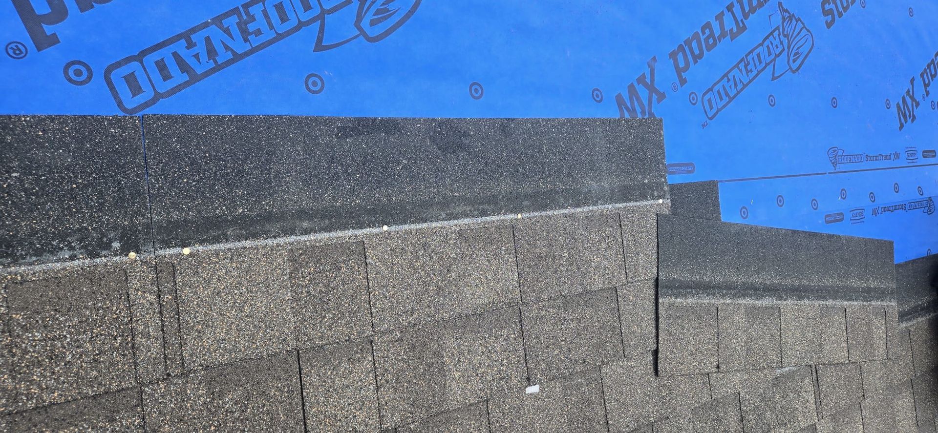 IKO Dynasty architectural shingle courses with clean offsets over blue StormTread XW underlayment, 229 St Maple Ridge BC, Paragon Roofing BC