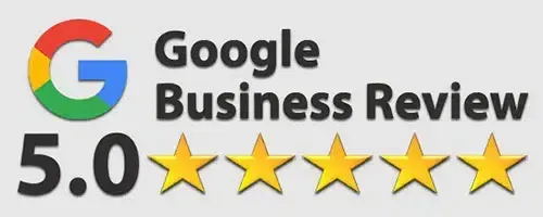 Google Business Review graphic showing a 5.0 rating with five gold stars.