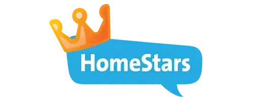 The HomeStars logo features an orange crown resting on a blue speech bubble containing the white text 