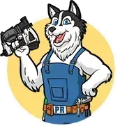 A cartoon husky wearing blue overalls and a tool belt, smiling while holding a nail gun against a yellow circular background.