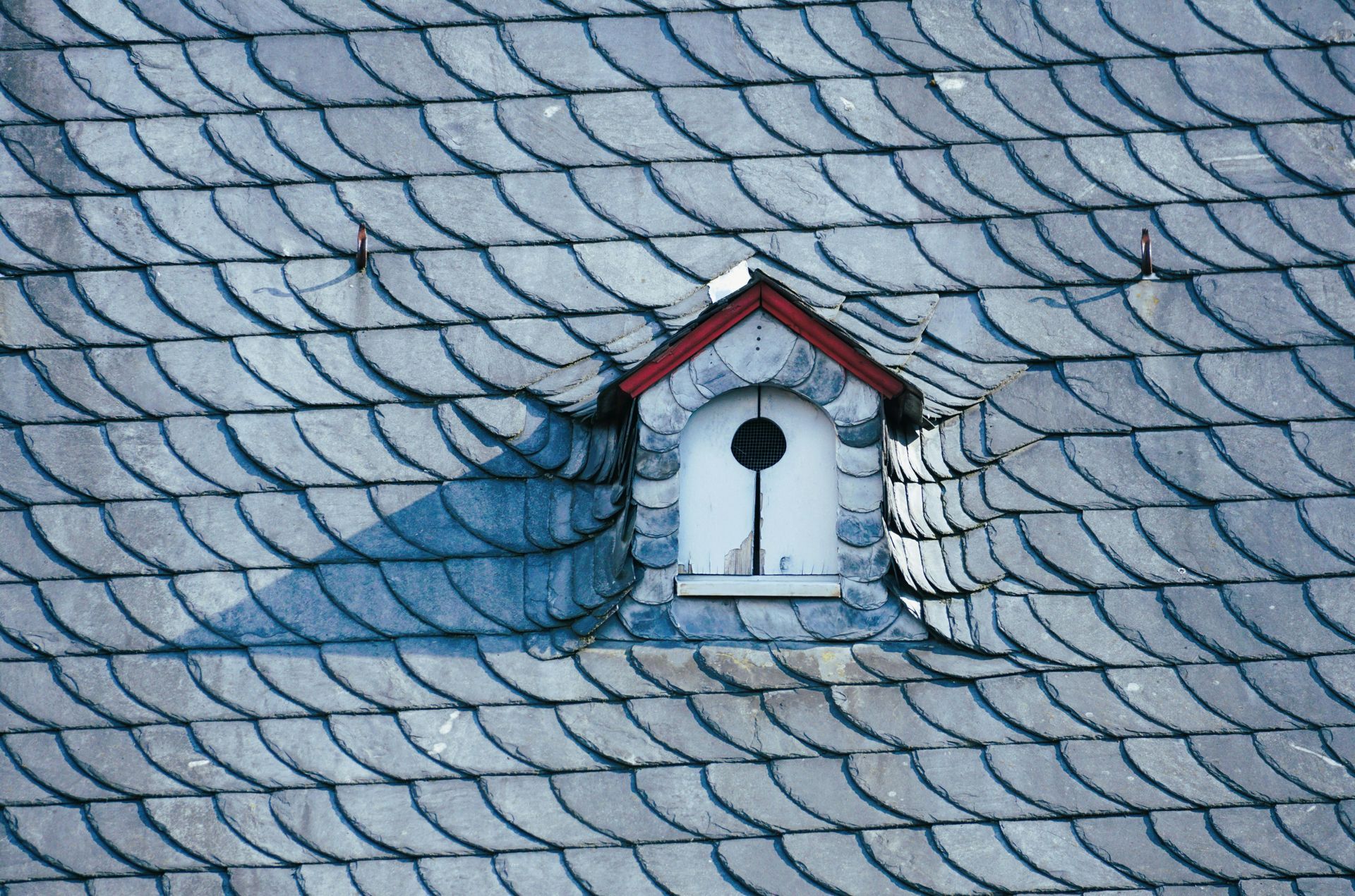 A small, arched dormer window with a white frame and a circular opening, set into a grey slate-tiled roof.