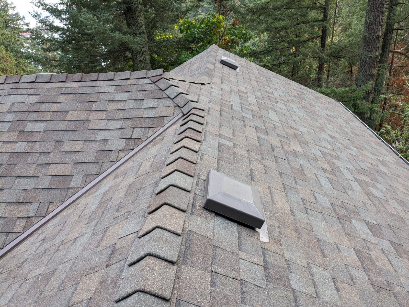 A high-angle view of a grey shingled roof with a ridgeline, a small vent, and surrounding trees.