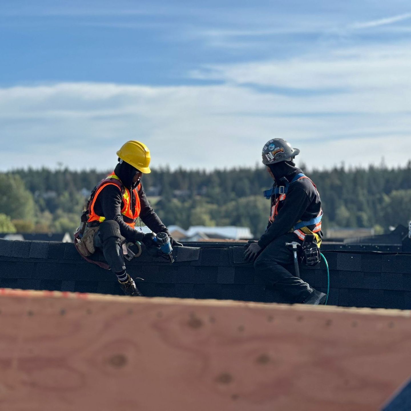 Two workers in safety gear and hard hats sit on a rooftop against a backdrop of trees and a bright sky.