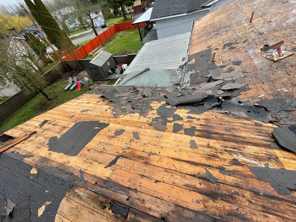 The roof of a house is being removed and replaced by surrey roofers.