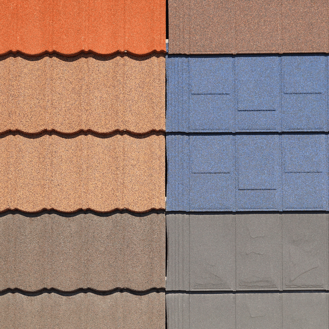 A split display of six roof tile samples in various colors, including red, brown, tan, blue, and gray.
