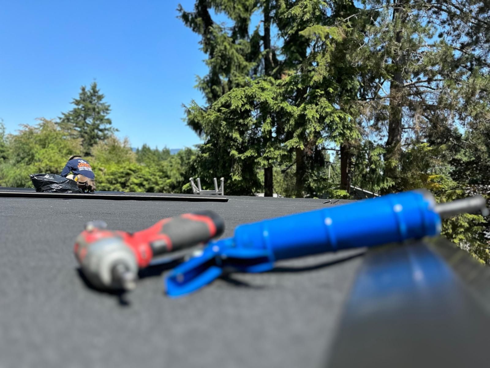Blue and red fishing lures on a surface with trees and blue sky in the background