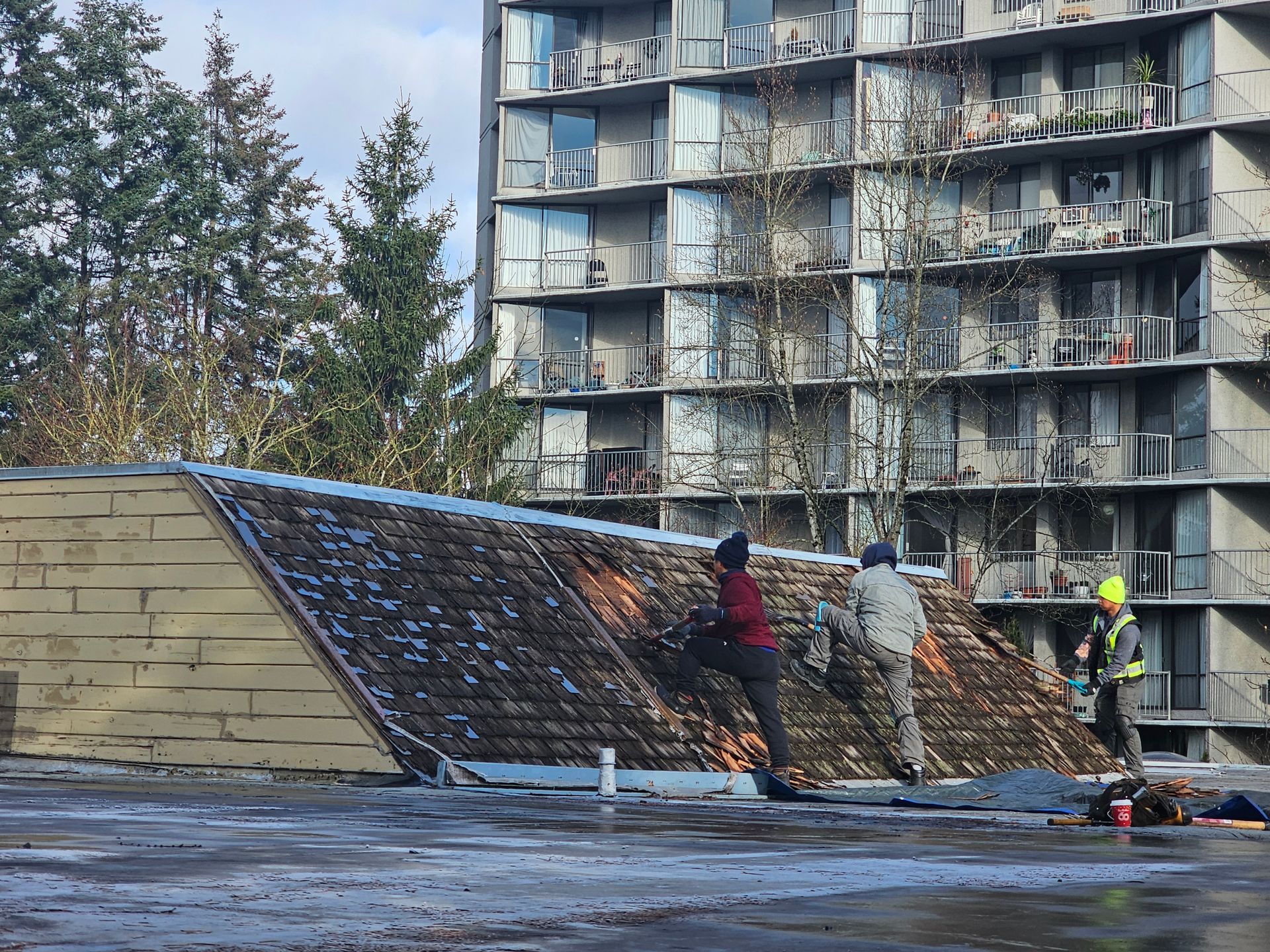A group of people are working on the roof of a building